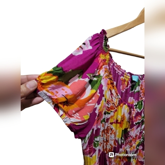 XL Multicolor Floral Off the Shoulder Maxi Dress Elastic Waist - Picture 5 of 8